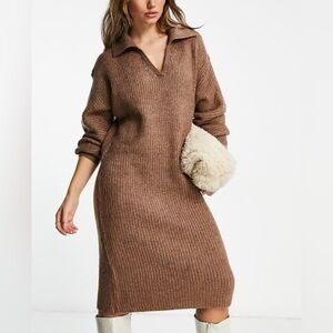 Vero Moda Feline Knitted Collared Long Sleeve Midi Sweater Dress Neutral XL/T